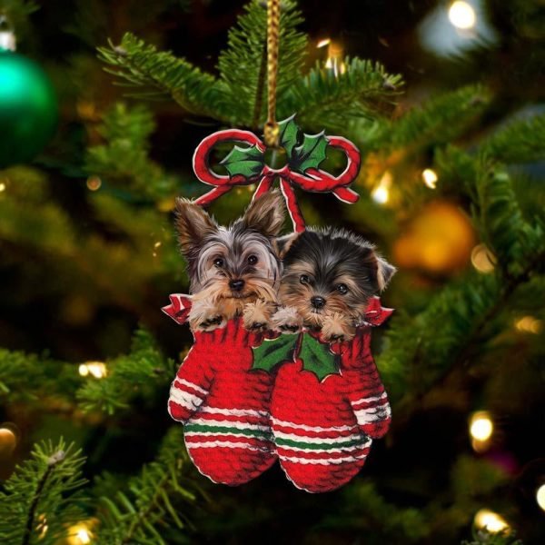 Yorkshire Terrier Inside Your Gloves Christmas Holiday-Two Sided Christmas Plastic Hanging Ornament