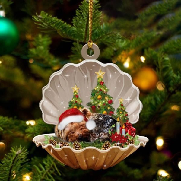 Yorkshire Terrier Sleeping Pearl In Christmas Two Sided Christmas Plastic Hanging Ornament