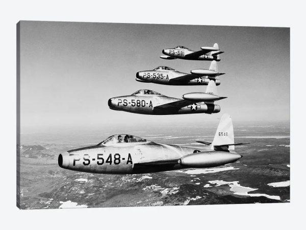 1950s Four Us Air Force F-84 Thunderjet Fighter Bomber Airplanes In Flight Formation Canvas Wall Art – Gift For Military Personnel
