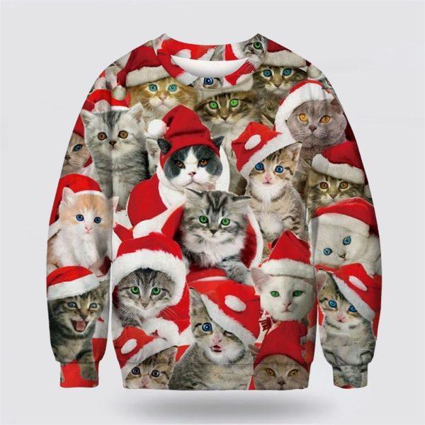 Adorable Cat With Red Hat Ugly Christmas Sweater – Cat Lover Christmas Sweater