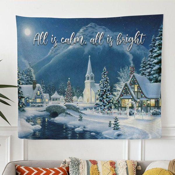 All Is Calm All Is Bright Country Church Starry Night Tapestry Wall Art – Tapestries Gift For Christian