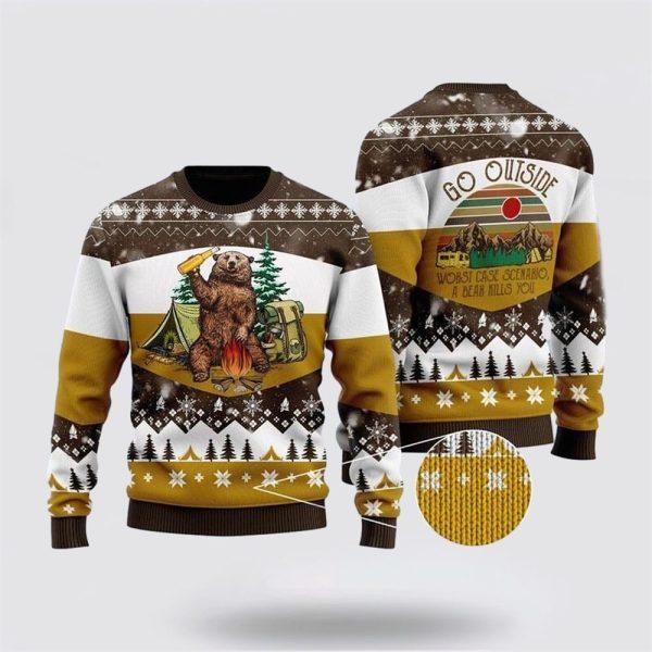 Bear Beer Campfire Yellow Wool Ugly Christmas Sweater – Sweater Gifts For Pet Lover