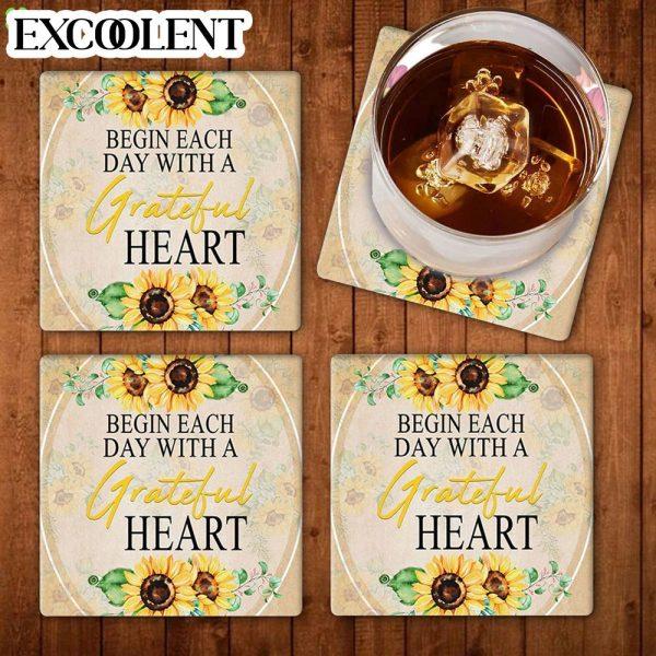 Begin Each Day With A Grateful Heart Sunflower Stone Coasters – Coasters Gifts For Christian