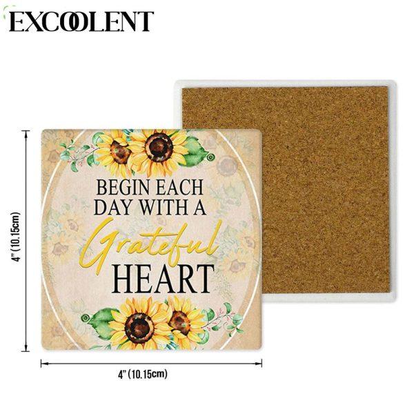 Begin Each Day With A Grateful Heart Sunflower Stone Coasters – Coasters Gifts For Christian