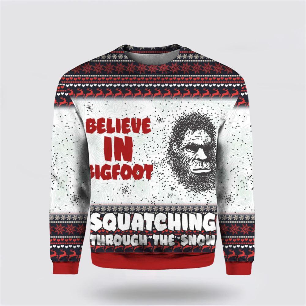 Believe In Bigfoot Squat Ching Through The Snow 3D Ugly Christmas Sweater – Gifts For Bigfoot Lovers