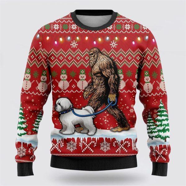 Bigfoot Goes To Spend Christmas With Bichon Frise Ugly Christmas Sweater – Best Gift For Christmas