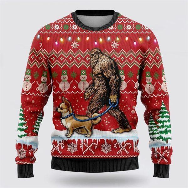 Bigfoot Goes To Spend Christmas With Chihuahua Ugly Christmas Sweater – Best Gift For Christmas