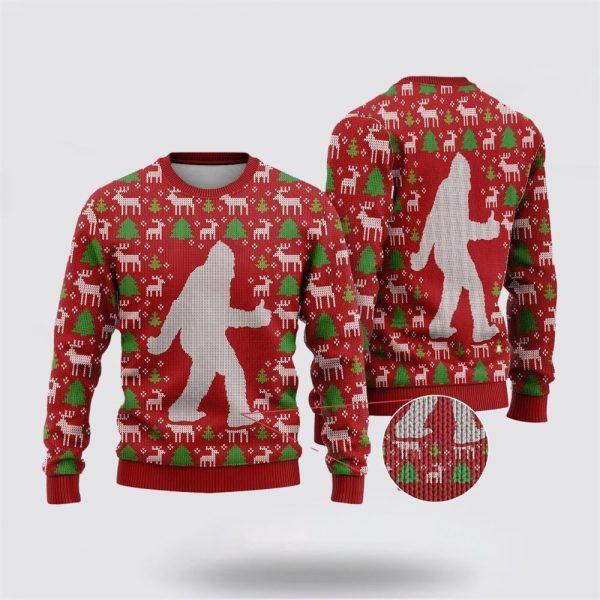 Bigfoot Reindeer And Pine Tree Motifs Ugly Christmas Sweater – Best Gift For Christmas