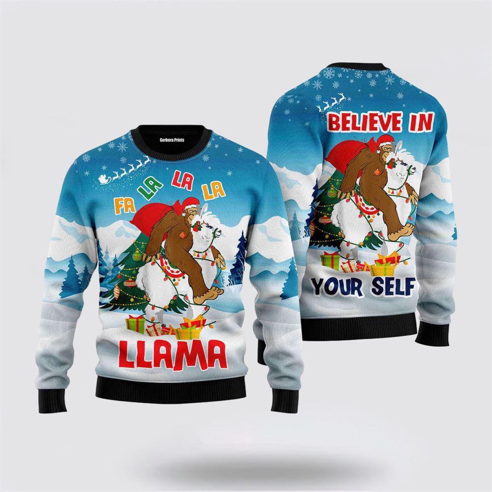 Bigfoot Riding Llama Ugly Christmas Sweater For Men & Women – Gifts For Bigfoot Lovers Bigfoot Riding Llama Ugly Christmas Sweater For Men & Women – Gifts For Bigfoot Lovers