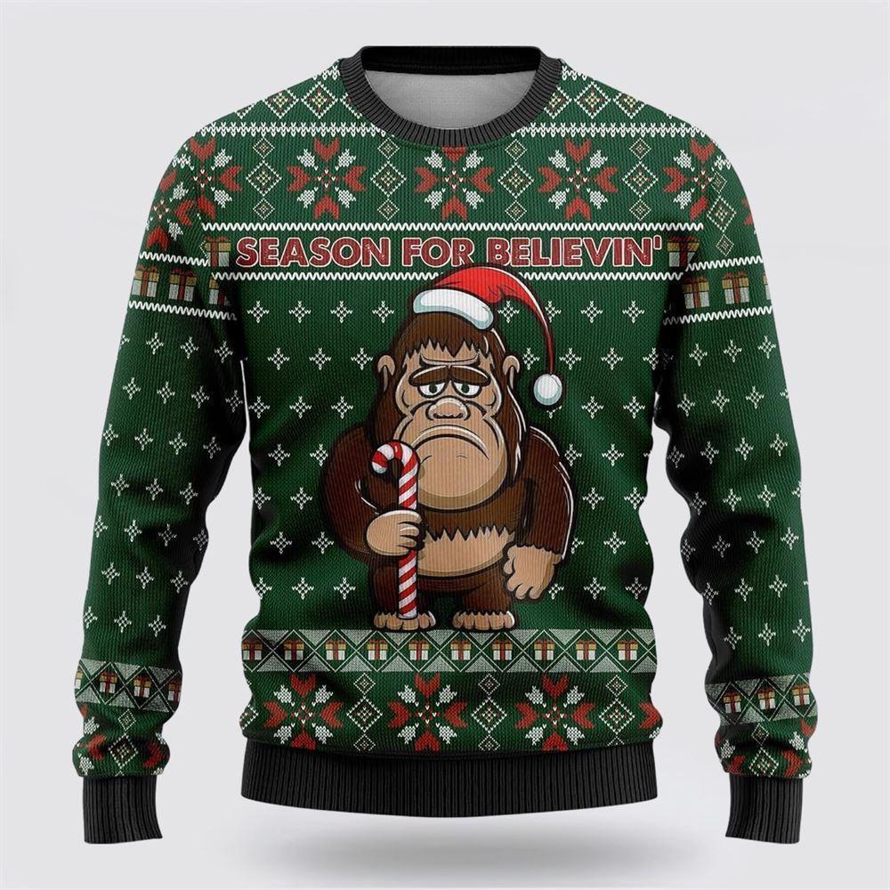 Bigfoot Season For Believin Green Pattern Ugly Christmas Sweater – Best Gift For Christmas