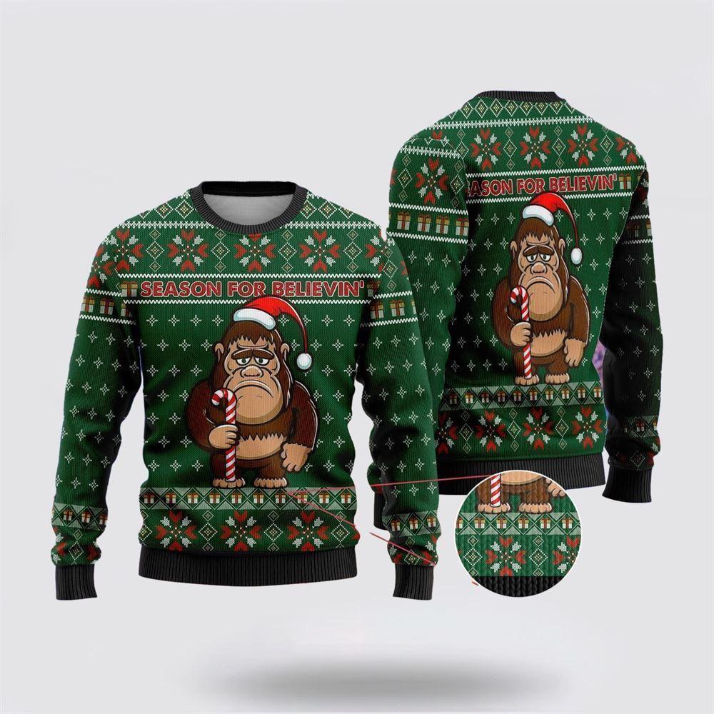 Bigfoot Season For Believin Green Pattern Ugly Christmas Sweater – Best Gift For Christmas