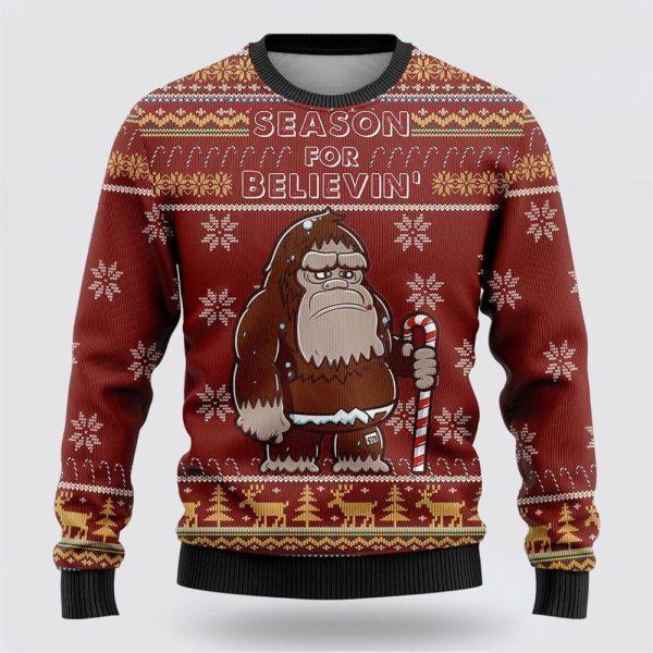 Bigfoot Season For Believin Red Pattern Ugly Christmas Sweater – Best Gift For Christmas