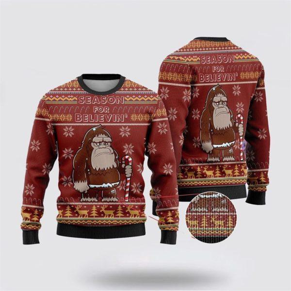 Bigfoot Season For Believin Red Pattern Ugly Christmas Sweater – Best Gift For Christmas