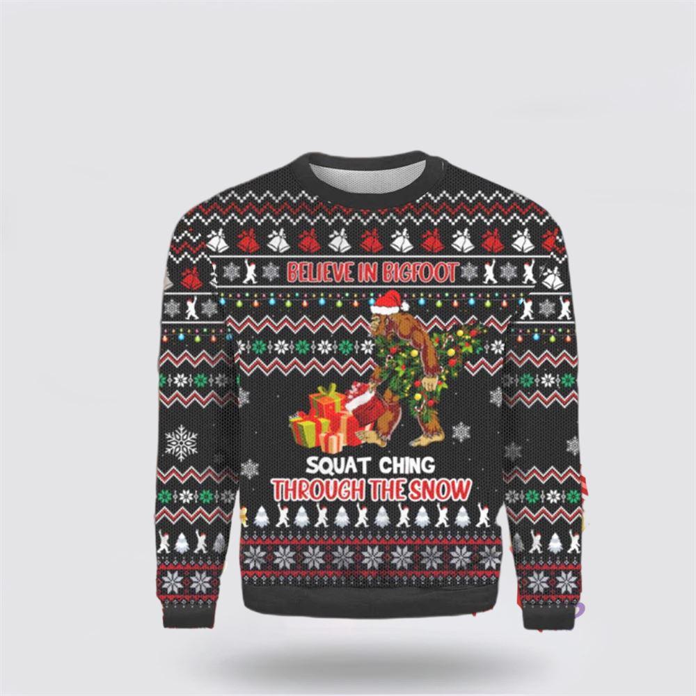 Bigfoot Squatchin’ Through The Snow Ugly Sweater – Gifts For Bigfoot Lovers