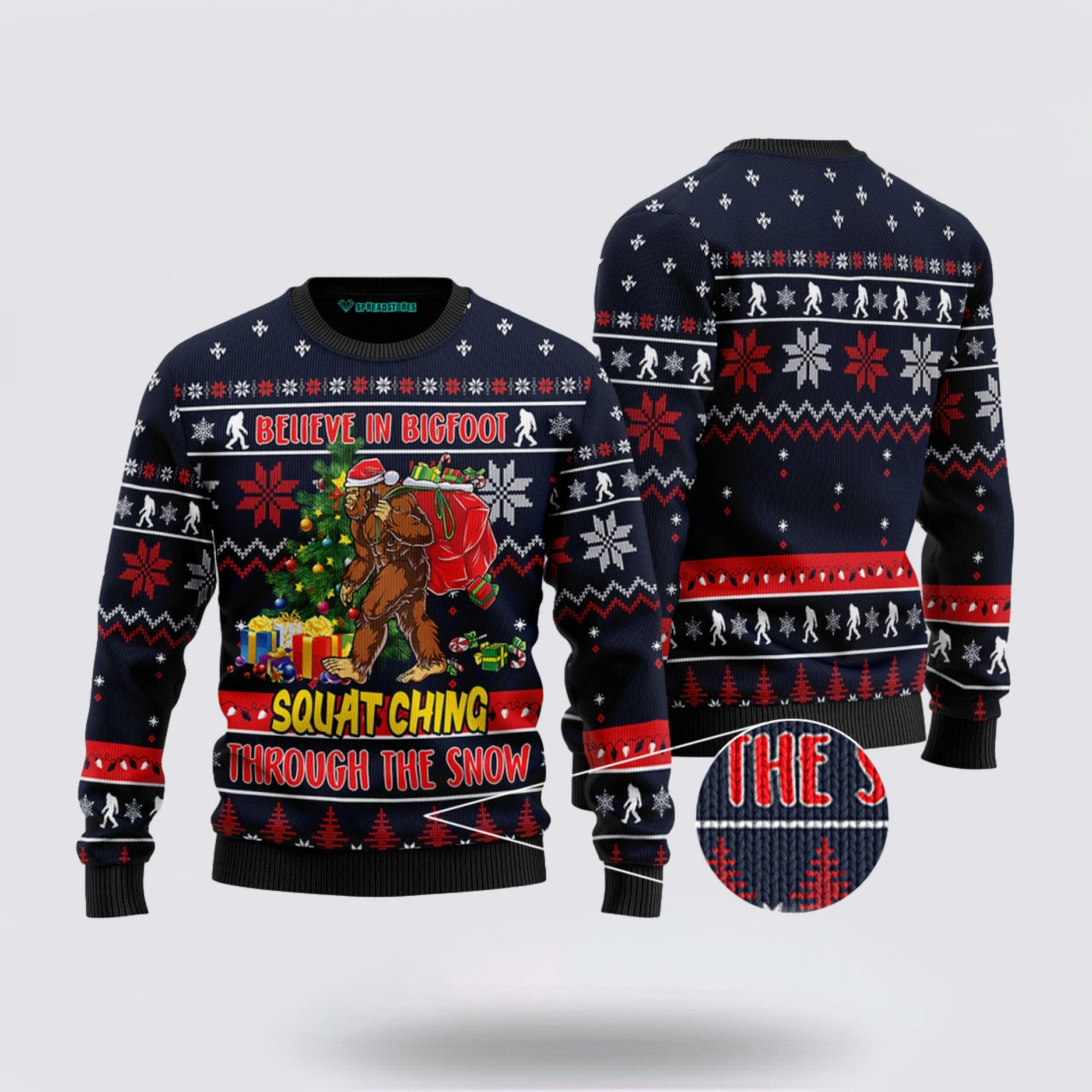 Bigfoot Squats Ching Ugly Christmas Sweater – Gifts For Bigfoot Lovers