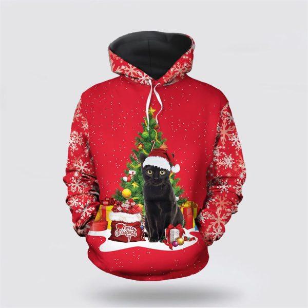 Black Cat Christmas Tree All Over Print 3D Hoodie – Cat Lover Christmas Hoodie
