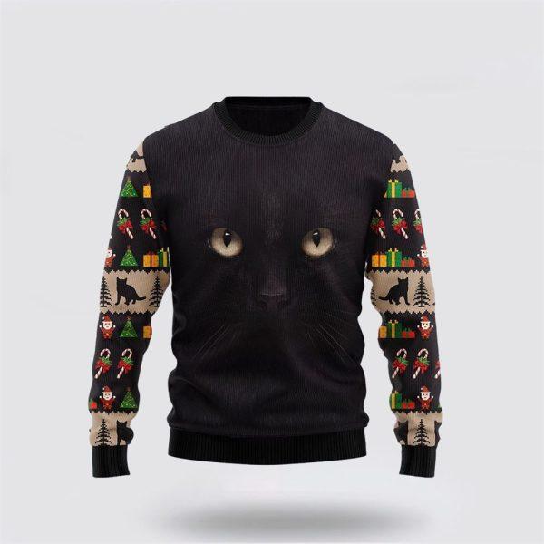 Black Cat Cute Face Ugly Christmas Sweater – Cat Lover Christmas Sweater