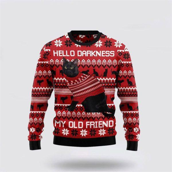 Black Cat Hello Darkness My Old Friend Ugly Christmas Sweater – Cat Lover Christmas Sweater