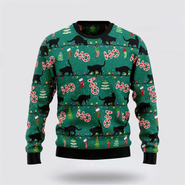 Black Cat Ho Ho Ho Ugly Christmas Sweater – Cat Lover Christmas Sweater