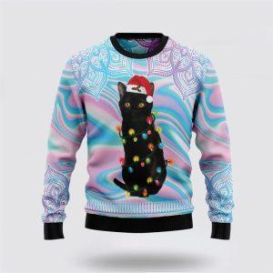 Black Cat Hologram Pattern Ugly Christmas Sweater…