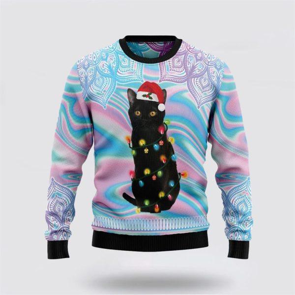 Black Cat Hologram Pattern Ugly Christmas Sweater – Cat Lover Christmas Sweater