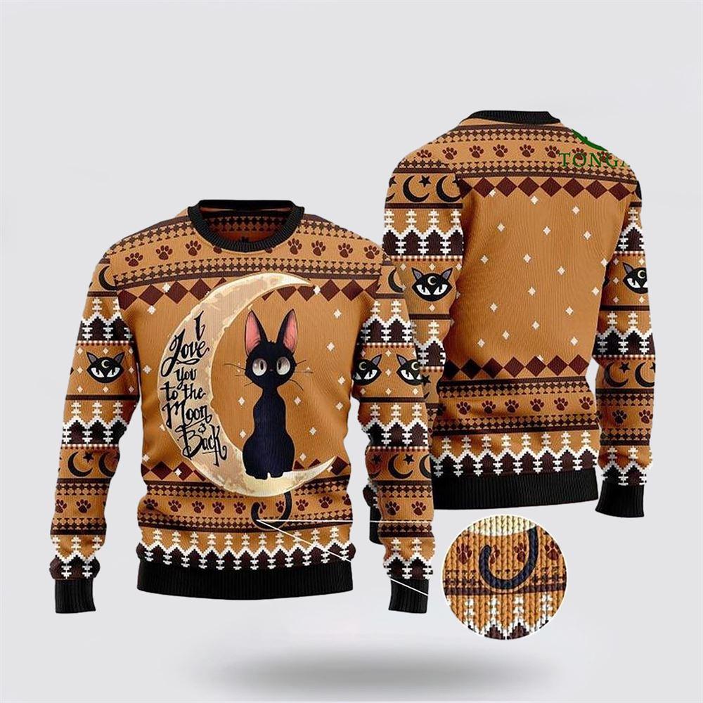 Black Cat I Love You To The Moon And Back Ugly Christmas Sweater – Cat Lover Christmas Sweater