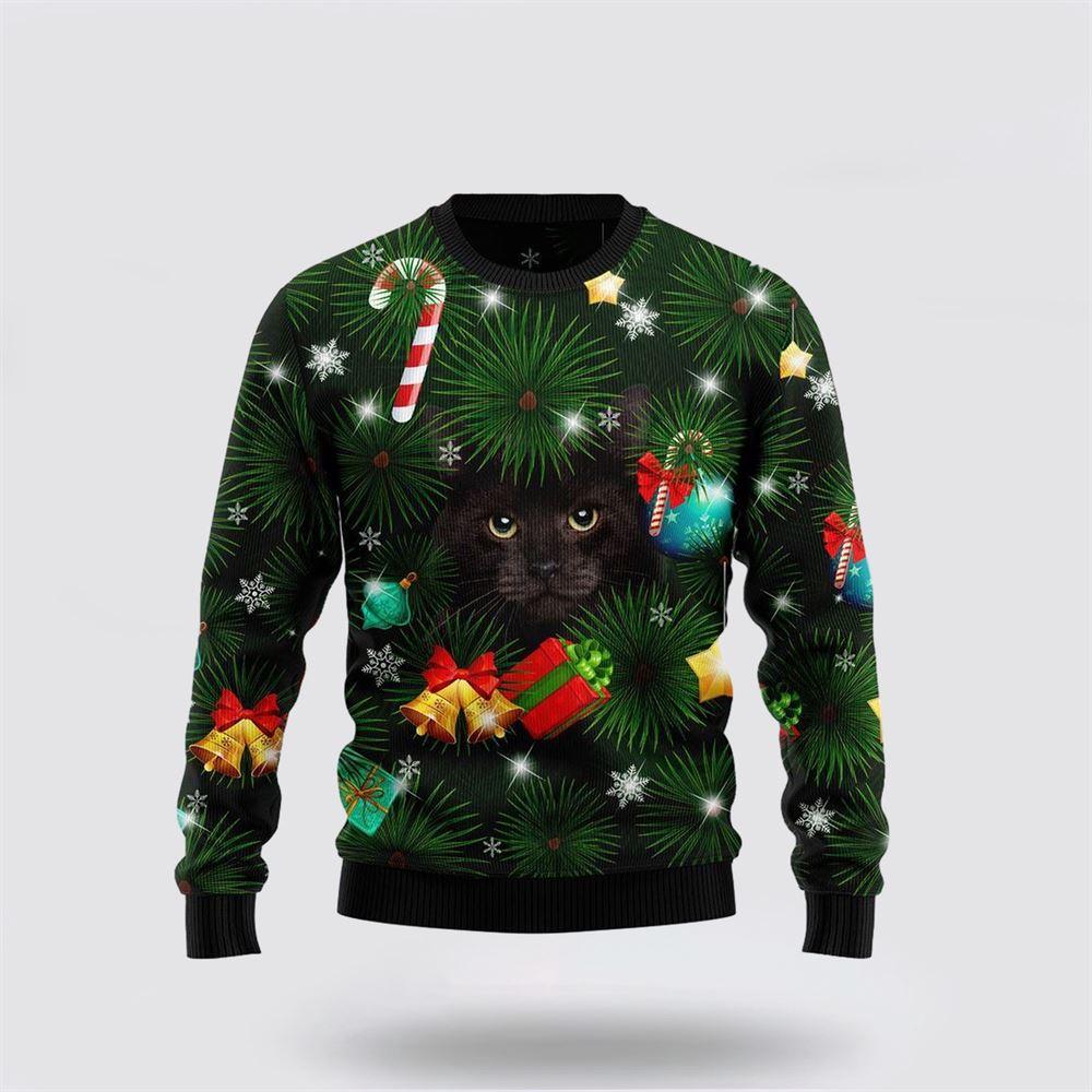 Black Cat Inside Tree Ugly Christmas Sweater – Cat Lover Christmas Sweater