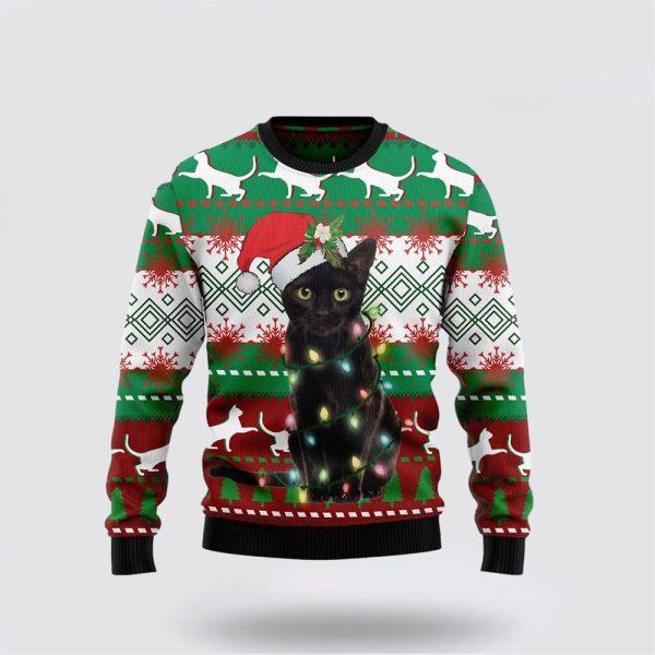 Black Cat Light Christmas Ugly Christmas Sweater – Cat Lover Christmas Sweater