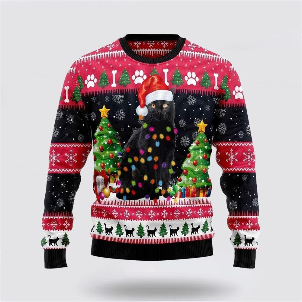 Black Cat Light Ugly Christmas Sweater – Cat Lover Christmas Sweater
