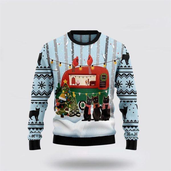 Black Cat Love Camping Ugly Christmas Sweater – Cat Lover Christmas Sweater