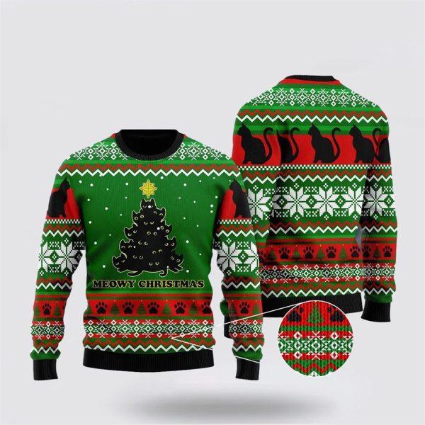 Black Cat Meowy Christmas Tree Ugly Christmas Sweater – Cat Lover Christmas Sweater