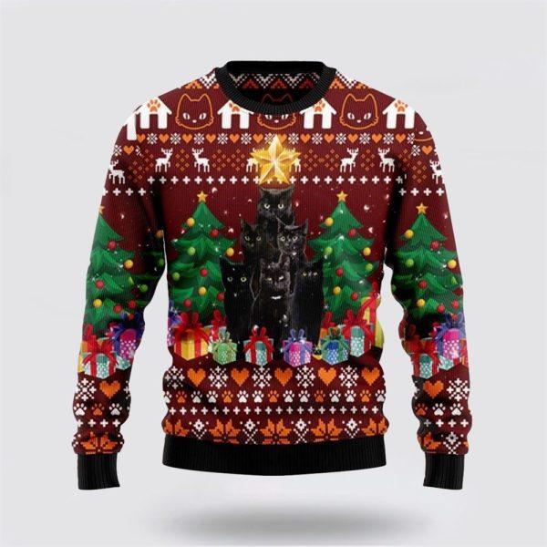 Black Cat Pine Tree Ugly Christmas Sweater – Cat Lover Christmas Sweater