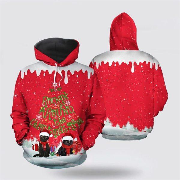 Black Cat Rocking Around The Christmas Tree 3D All Over Print Hoodie – Cat Lover Christmas Hoodie