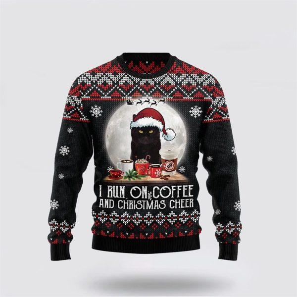 Black Cat Run On Coffee Ugly Christmas Sweater – Cat Lover Christmas Sweater