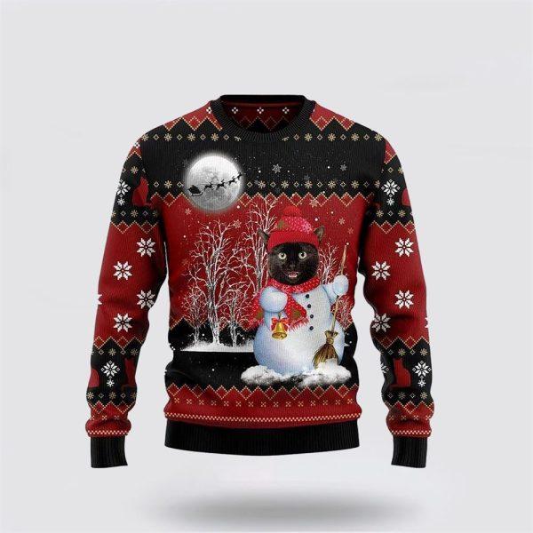 Black Cat Snowman Ugly Christmas Sweater – Cat Lover Christmas Sweater