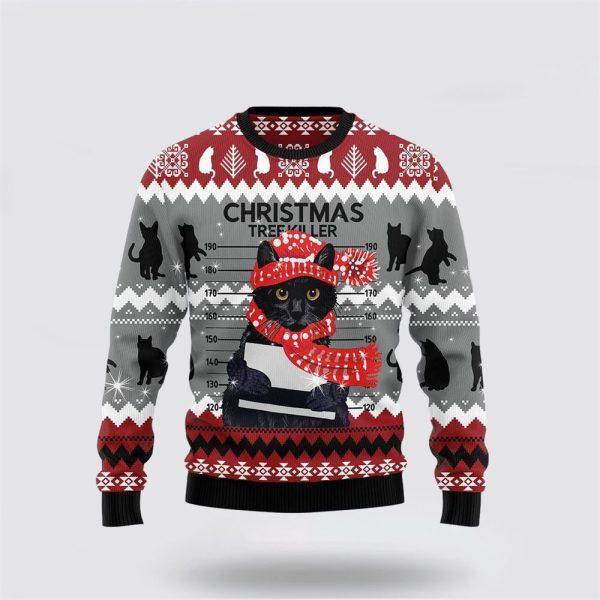 Black Cat Tree Killer Ugly Christmas Sweater – Cat Lover Christmas Sweater