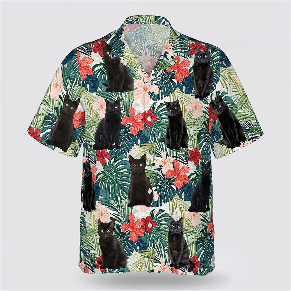 Black Cat With Green Leaves And Red Flower Pattern Hawaiin Shirt – Gifts For Pet Lover