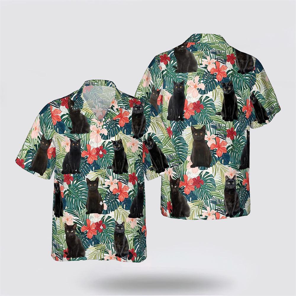 Black Cat With Green Leaves And Red Flower Pattern Hawaiin Shirt – Gifts For Pet Lover