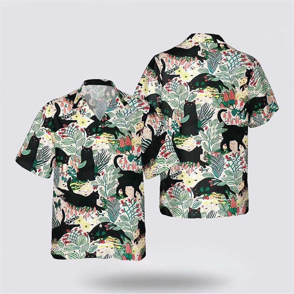 Black Cat With Leaves Pattern Hawaiin Shirt – Gifts For Pet Lover