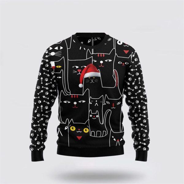 Black Cat With Noel Hat Ugly Christmas Sweater – Cat Lover Christmas Sweater