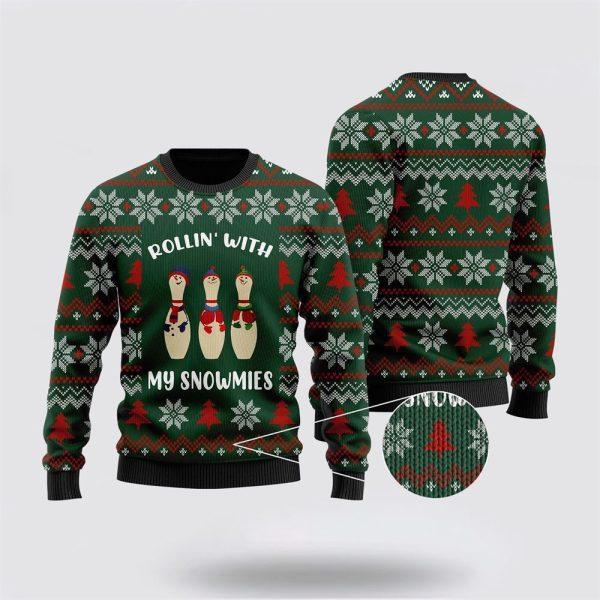 Bowling Rollin With My Snowmies Noel Pattern Ugly Christmas Sweater – Christmas Gift For Bowling Enthusiasts