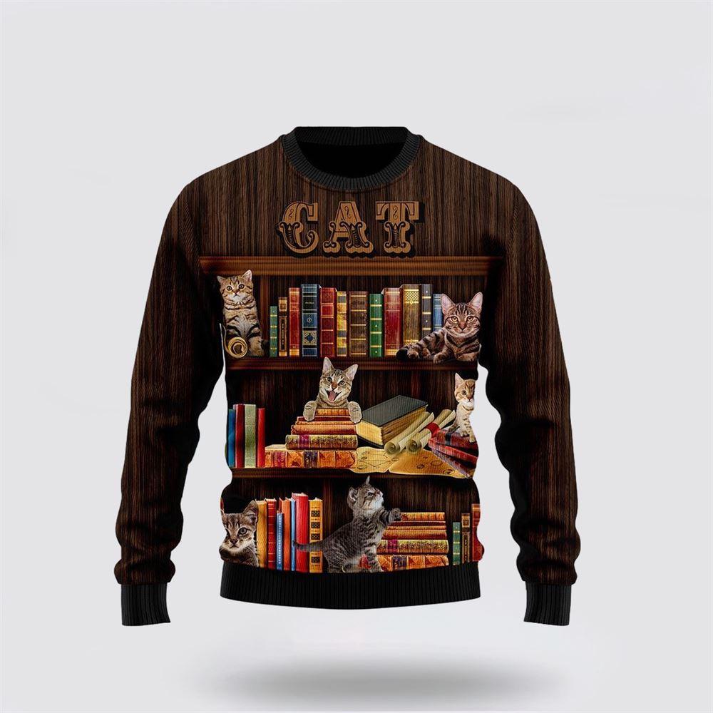 Cat Bookcase Ugly Christmas Sweater – Cat Lover Christmas Sweater
