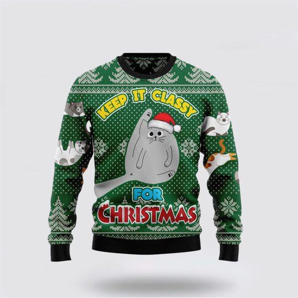 Cat Keep It Classy For Christmas Ugly Christmas Sweater 3D – Cat Lover Christmas Sweater