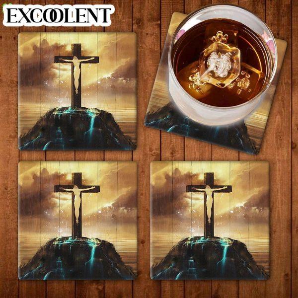 Christ On The Cross On Hill Stone Coasters – Coasters Gifts For Christian