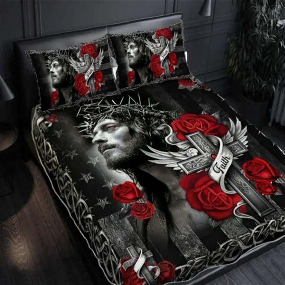 Christian Cross Quilt Bedding Set, Jesus Faith Over Fear – Christian Gift For Believers