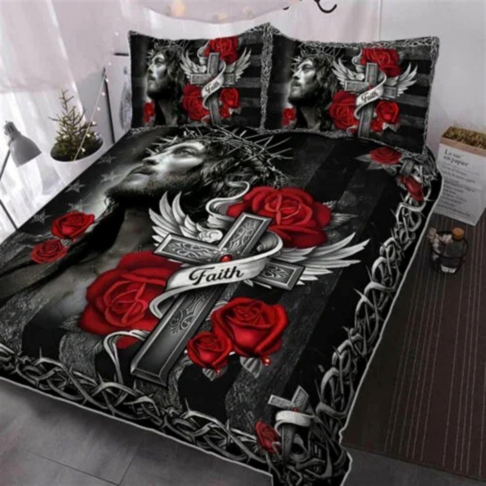 Christian Cross Quilt Bedding Set, Jesus Faith Over Fear – Christian Gift For Believers