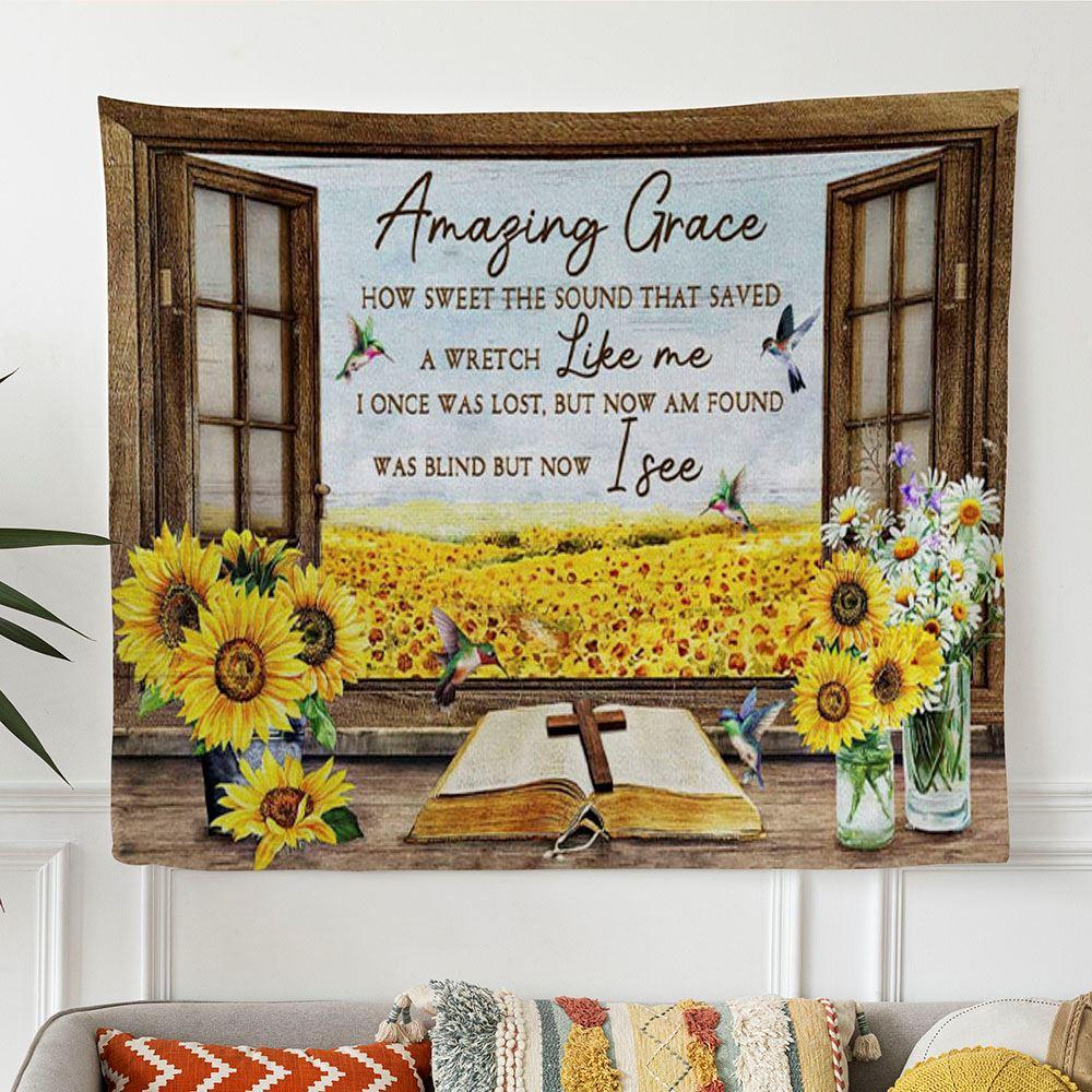 Christian Wall Art Amazing Grace How Sweet The Sound Hummingbird Sunflower Tapestry Wall Art – Tapestries Gift For Christian Christian Wall Art Amazing Grace How Sweet The Sound Hummingbird Sunflower Tapestry Wall Art – Tapestries Gift For Christian