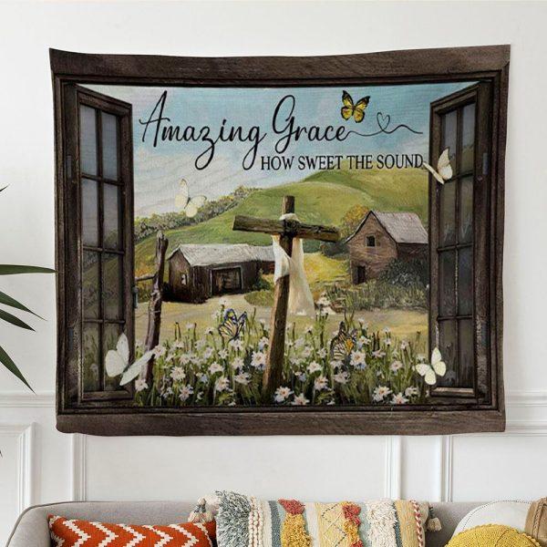 Christian Wall Art Amazing Grace How Sweet The Sound Rustic Farmhouse Tapestry Wall Art – Tapestries Gift For Christian