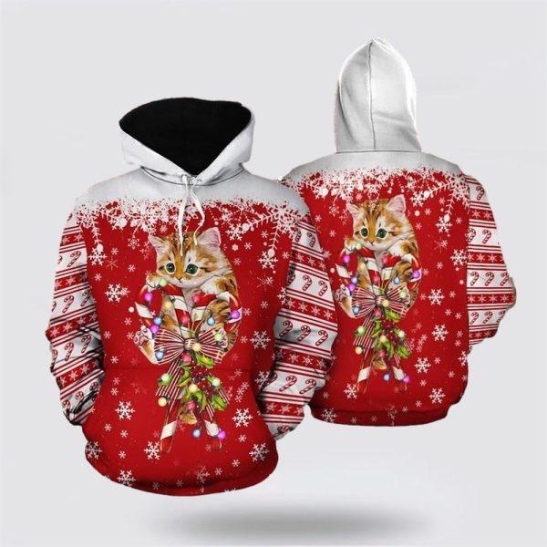 Christmas Cat And Candy Cane 3D All Over Print Hoodie – Cat Lover Christmas Hoodie