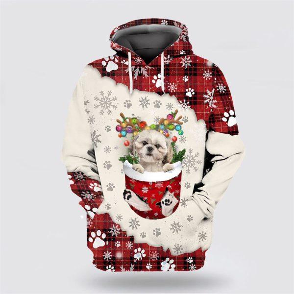 Cream Shih Tzu In Snow Pocket Merry Christmas All Over Print 3D Hoodie – Dog Lover Christmas Hoodie